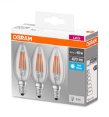 3 Becuri LED Osram Base Classic B, E14, 4W (40W), 470 lm, luminaneutra(4000K), cu filament