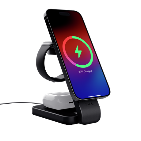 Stand de incarcare 3-in-1 Trust Viro, putere intrare 20W, interfata USB- C, compatibil cu produsele din brandul Apple: iPhone (12 si modele mai noi), Airpods si Apple Watch, negru