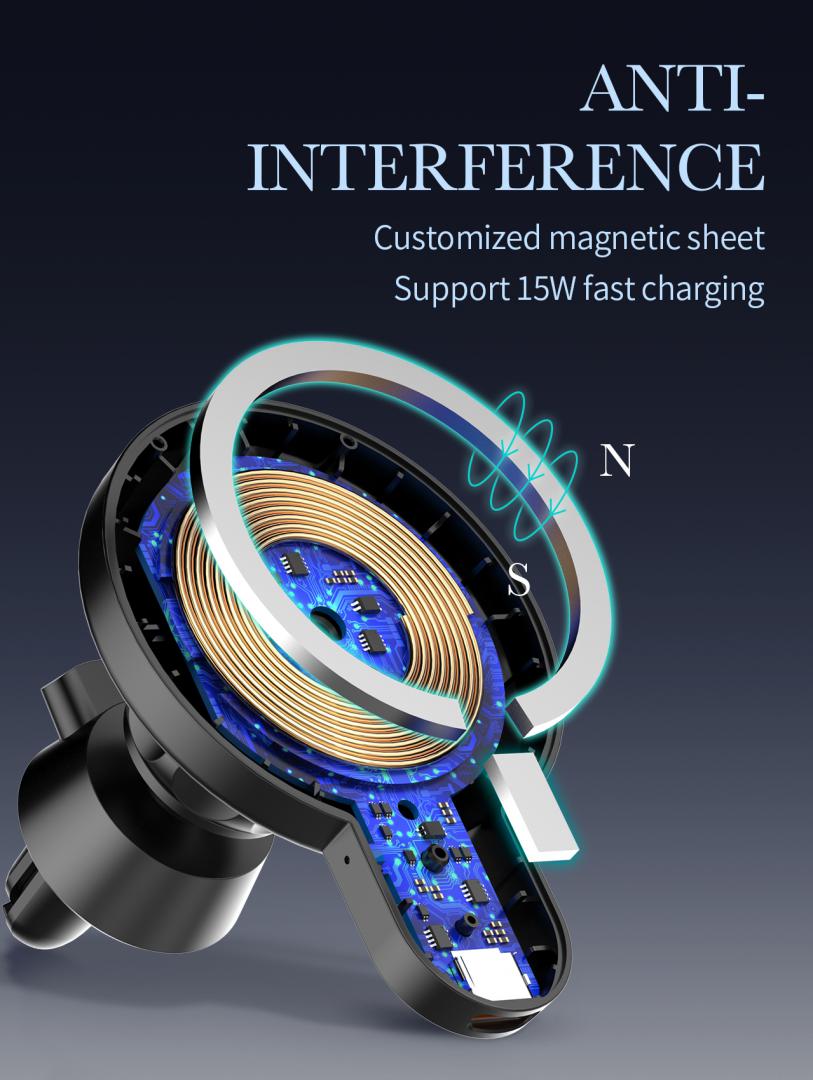 Suport Auto Telefon Serioux, cu incarcare Wireless 15W, compatibil MagSafe, prindere grila ventilatie, Intrare: 5V=2A 9V=2A, Ieșire: 5W 7.5W 10W 15W(Max), Dimensiuni: 61*84*71mm