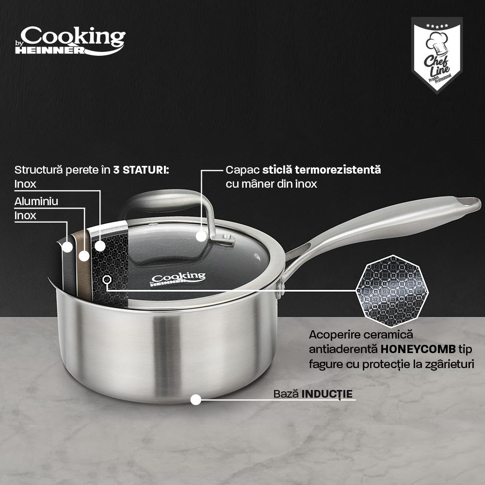 CASEROLA INOX+CAPAC STICLA IN 3 STRATURI 18X9 CM, 2 L, TITANIUM3, COOKING BY HEINNER
