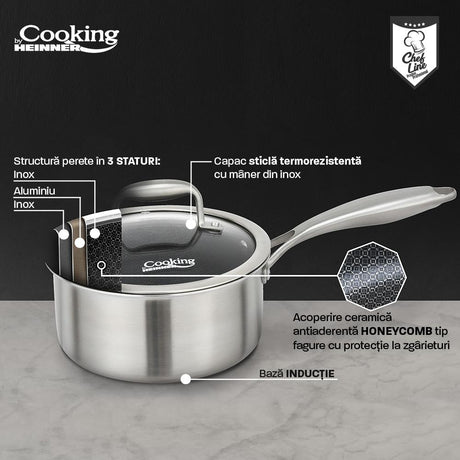 CASEROLA INOX+CAPAC STICLA IN 3 STRATURI 18X9 CM, 2 L, TITANIUM3, COOKING BY HEINNER