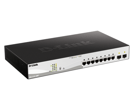 D-Link Switch 10 porturi POE smart maaged DGS-1210-10MP, Interfata: 8 x 10/100/1000Mbps, 2 x100/1000 SFP, Capacitate switch: 20 Gbps, Memorie: 128Mb DDR3, Flash 32Mb, Auto MDI/MDIX, Buget POE: 130W, Dimensiuni: 330 x 180 x 44 mm, Greutate: 1.77kg.