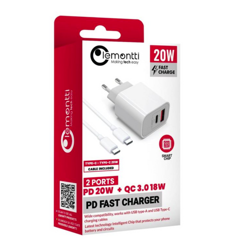 Lemontti Set Incarcator Retea Fast Charge 20W 1 x PD Type-C + 1 x USB-A Quick Charge 3.0 si cablu Type-C-Type-C 20W 1m Alb