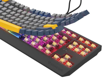 Tastatura gaming mecanica cu fir Genesis Thor 230 TKL, iluminare RGB, switch Linear, switch model Outemu Panda, numar taste 87, 11 butoane multimedia, lungime cablu 1.6m, dimensiuni 363 x 155 x 39 mm, naval blue