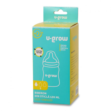 Biberon de sticla 120 ml+2 tetine extra, U-Grow