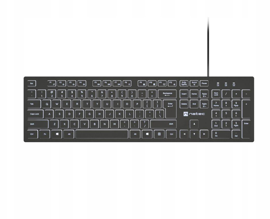 Tastatura Natec cu fir Herring Slim, membrana, iluminare alb taste, lungime cablu 150cm, 105 taste, layout ANSI-ISO, negru