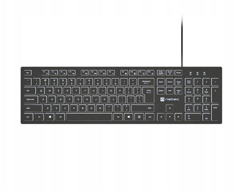 Tastatura Natec cu fir Herring Slim, membrana, iluminare alb taste, lungime cablu 150cm, 105 taste, layout ANSI-ISO, negru