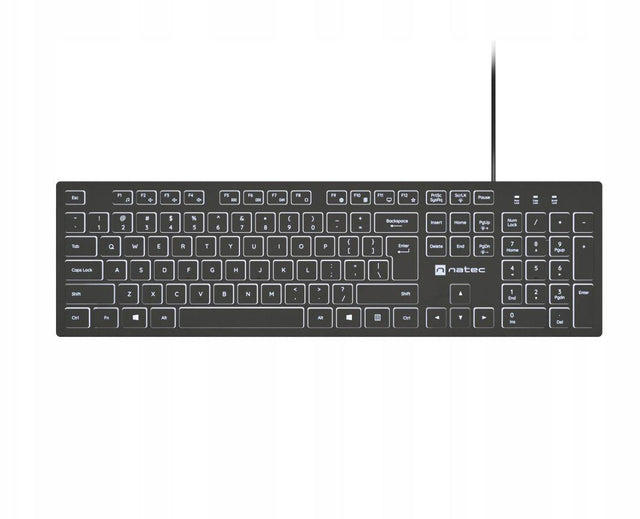 Tastatura Natec cu fir Herring Slim, membrana, iluminare alb taste, lungime cablu 150cm, 105 taste, layout ANSI-ISO, negru