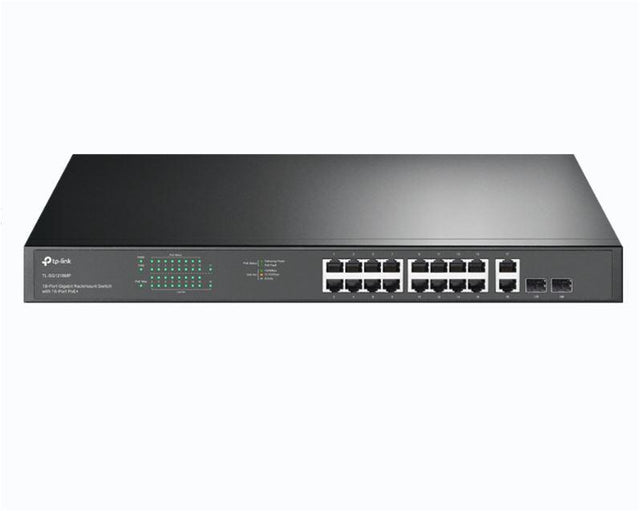 "18-Port Gigabit Rackmount  Switch with 16-Port PoE+ PORT: 16× Gigabit PoE+ Ports, 2× Gigabit Non-PoE Ports, 2× Combo Gigabit SFP Slots SPEC: 802.3at/af, 250 W PoE Power, 1U 19-inch Rack-mountable Steel Case FEATURE: Plug and Play"