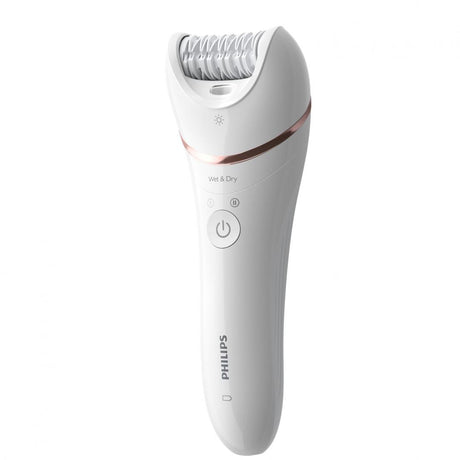 Epilator umed si uscat PHILIPS Seria 8000 BRE730/10, 7 accesorii, 32 pensete, Utilizare fara fir, 2 setari viteza, Opti-light, Discuri ceramice, Argintiu, L x A x I (mm) 65x210x185