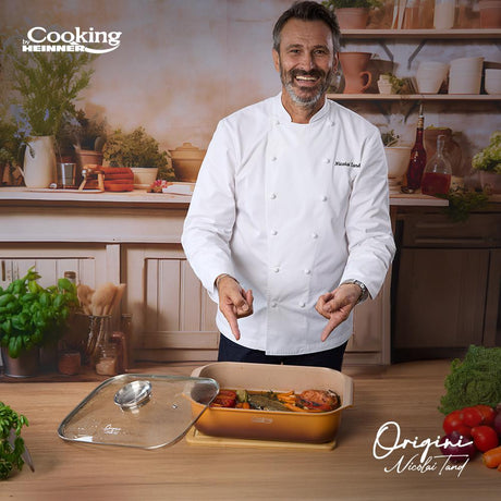 TAVA INALTA CUPTOR DIN ALUMINIU TURNAT + CAPAC 39 x 26 x 8.5 CM,  6 L, NICOLAI TAND, ORIGINI, COOKING BY HEINNER