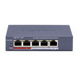 Switch POE 4 porturi Hikvision DS-3E0105P-E/M(C), fara management; 4 × 10/100 Mbps PoE port,1 × 10/100 Mbps RJ45 port, IEEE 802.3af,IEEE 802.3at, PoE power budget 45W, distanta transmisie: 300m;