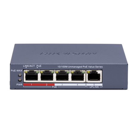 Switch POE 4 porturi Hikvision DS-3E0105P-E/M(C), fara management; 4 × 10/100 Mbps PoE port,1 × 10/100 Mbps RJ45 port, IEEE 802.3af,IEEE 802.3at, PoE power budget 45W, distanta transmisie: 300m;
