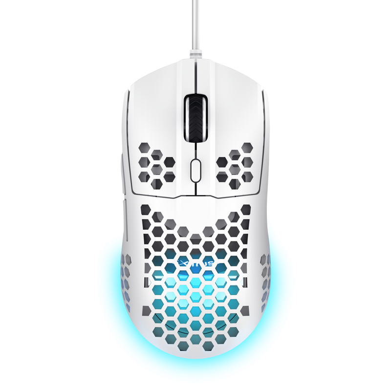 Mouse cu fir Trust GXT 928W Helox, rezolutie maxima 6400 DPI, 6 butoane, interfata USB-A, alb