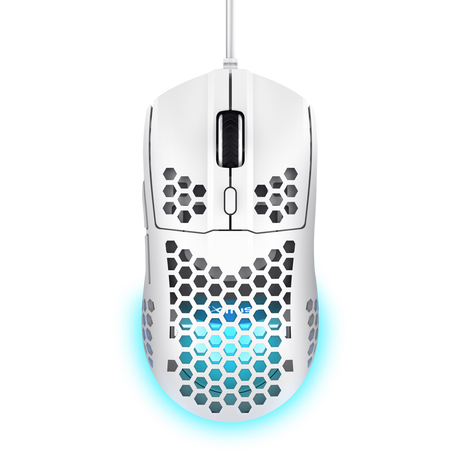 Mouse cu fir Trust GXT 928W Helox, rezolutie maxima 6400 DPI, 6 butoane, interfata USB-A, alb