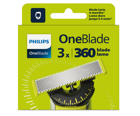 Rezerva OneBlade 360, QP430/50, otel inoxidabil, umed si uscat, kit 3 lame, compatibil cu Philips OneBlade si OneBladePro, Verde