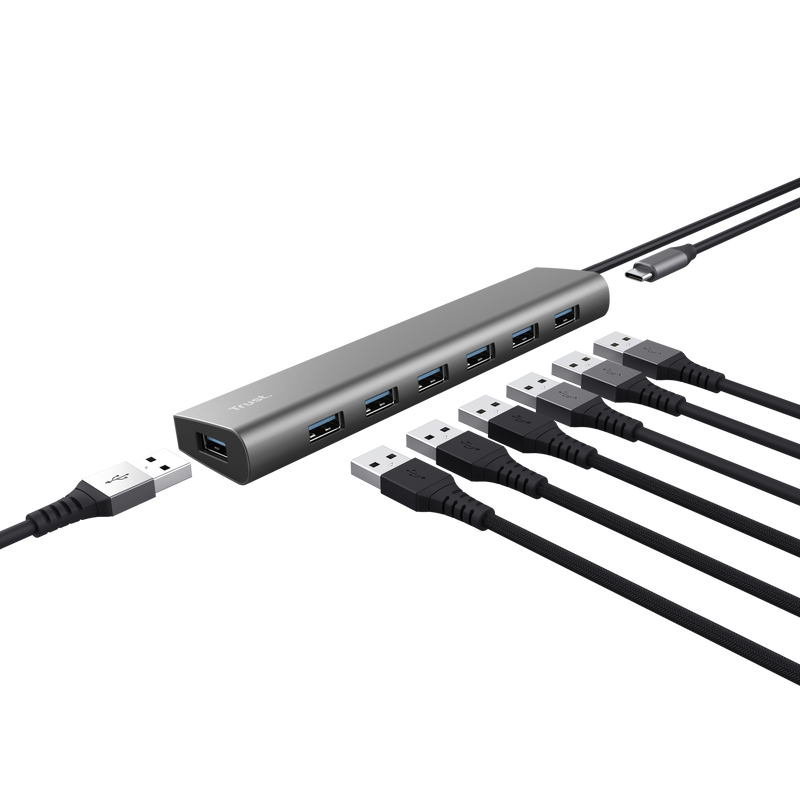 Hub Trust Halyx , 7 porturi USB 3.2 Gen 1, material aluminiu, input USB- C, output USB-A 7, gri