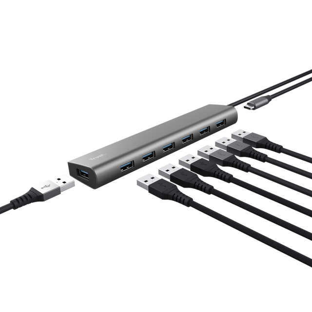 Hub Trust Halyx , 7 porturi USB 3.2 Gen 1, material aluminiu, input USB- C, output USB-A 7, gri