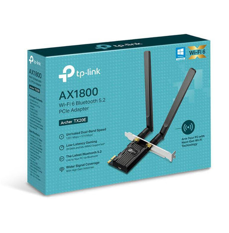 Adaptor wireless TP-Link, ARCHER TX20E, AX1800, 2 x antene externe Dual-Band 5Ghz, 2.4 Ghz, dimensiuni: 120.8 × 78.5 × 20.9 mm, Bluetooth 5.2.
