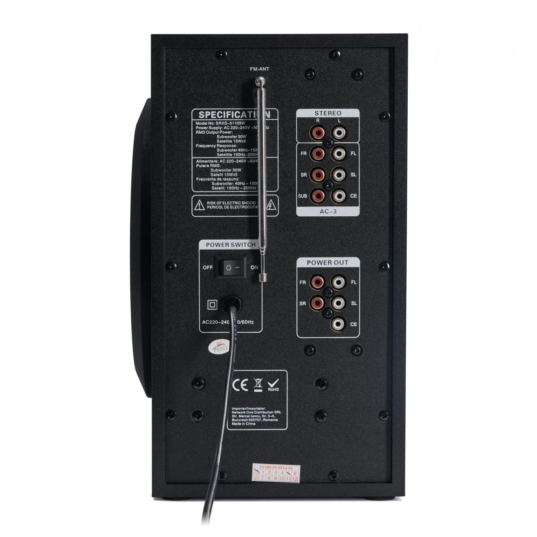 Boxe Serioux 5.1 SoundRise 51105W, putere totala 105W RMS, tip 5.1, sateliti 5 x 15W, subwoofer 30W, Conectivitate: Bluetooth, USB, AUX, SD, Radio FM, negre, SRXS-51105W