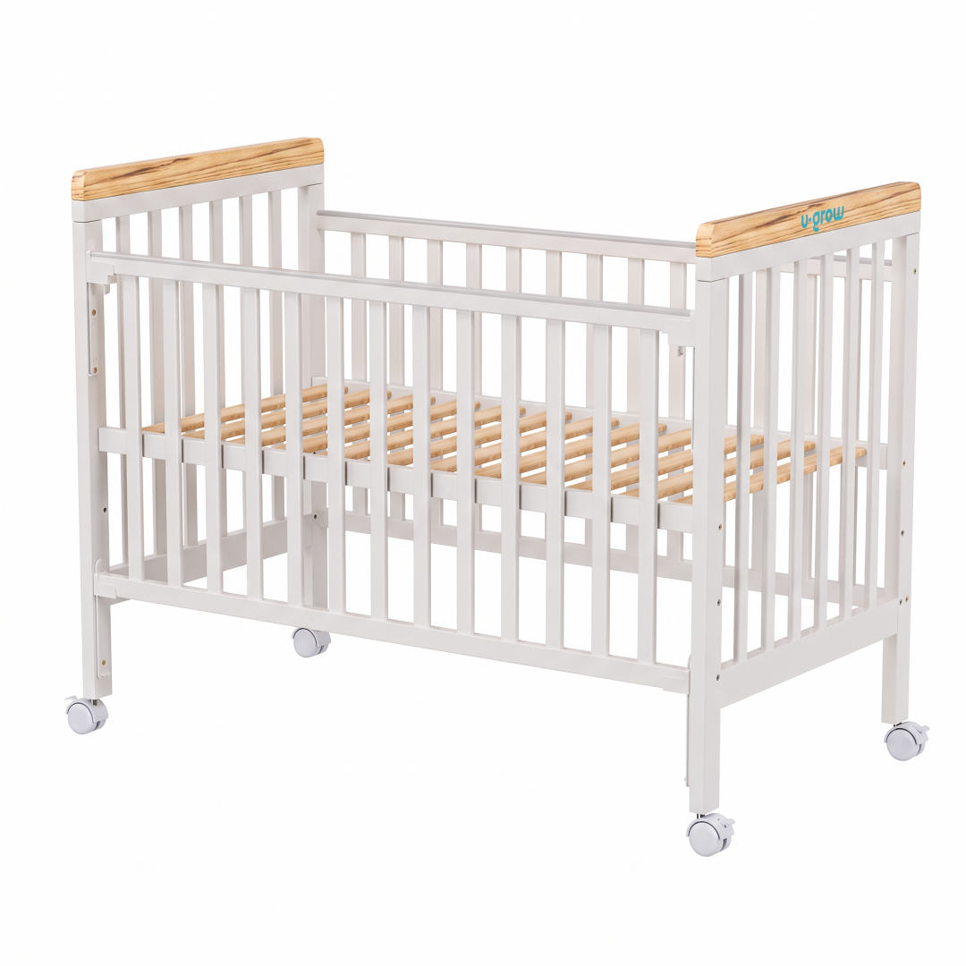 Patut din lemn bebe, +0 luni, 120x60 cm,  culoare alb, laterala culisanta, reglabil pe 3 nivele de inaltime, U-Grow