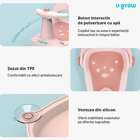 Scaun baie bebe cu ghidon , spatar reglabil, roz pal, U-Grow