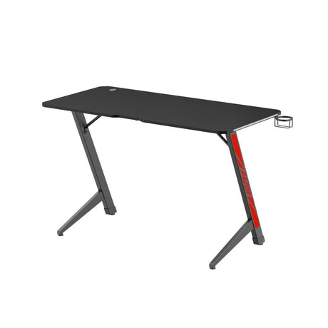 BIROU GAMING SERIOUX RAZOR  Material: MDF și melamină, plastic, oțel Dimensiuni 1200x600x750mm Dimensiuni blat (LxlxA) 1200x600x15mm Greutate suportata 75kg Iluminare ambientală LED cu gradient multicolor Culoare: Negru și negru mat, negru și roșu mat