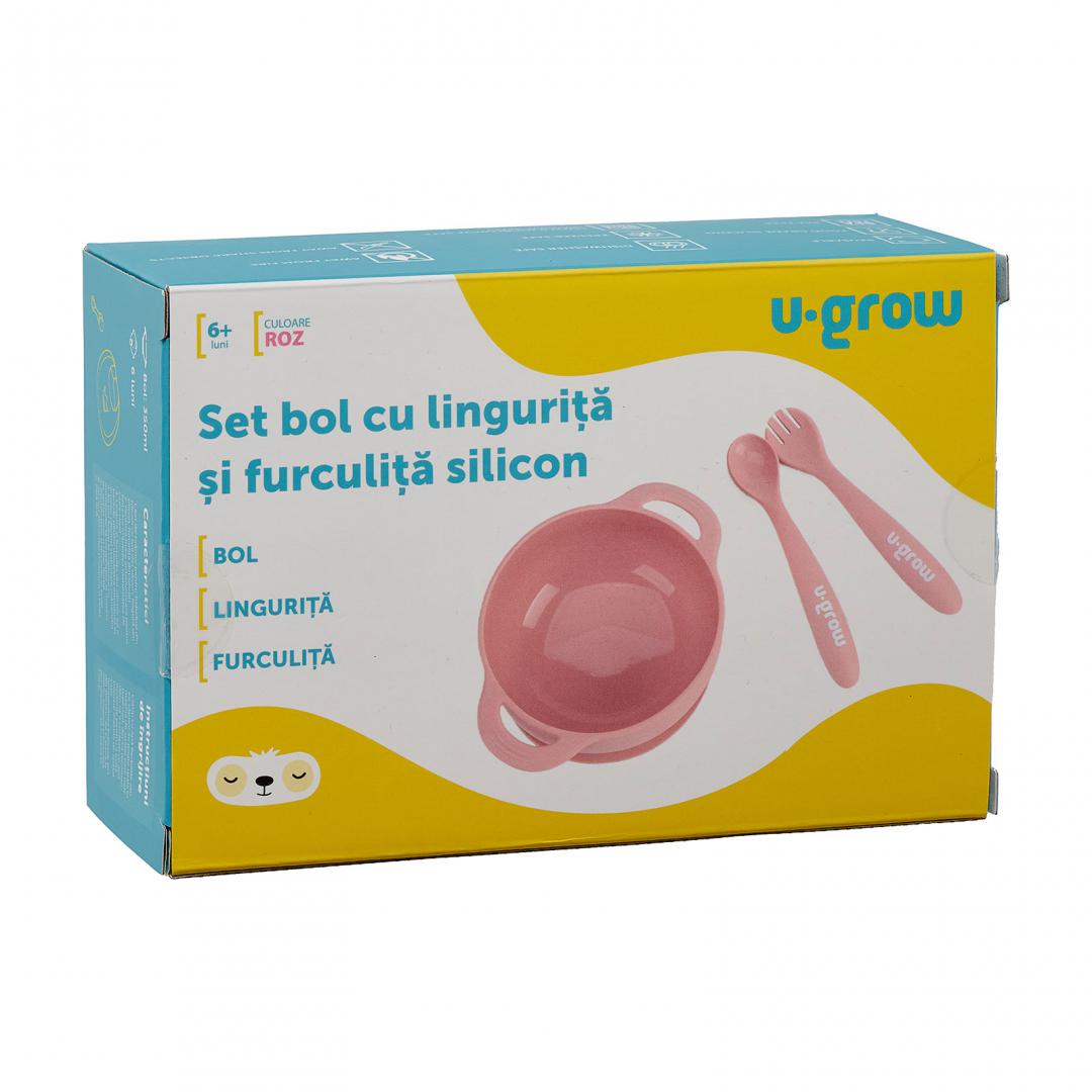 Set bol cu lingurita si furculita silicon, roz, U-Grow
