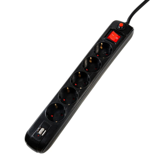 PRELUNGITOR SPACER, Schuko x 5, conectare prin Schuko (T), USB x 2, cablu 1.8 m, 16 A, max. 3500W, protectie supratensiune, negru