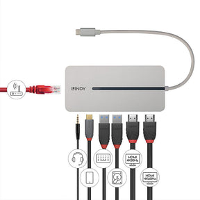 Hub USB LINDY DST-Mx Duo, USB-C, 10 porturi, HDMI, RJ-45, Argintiu