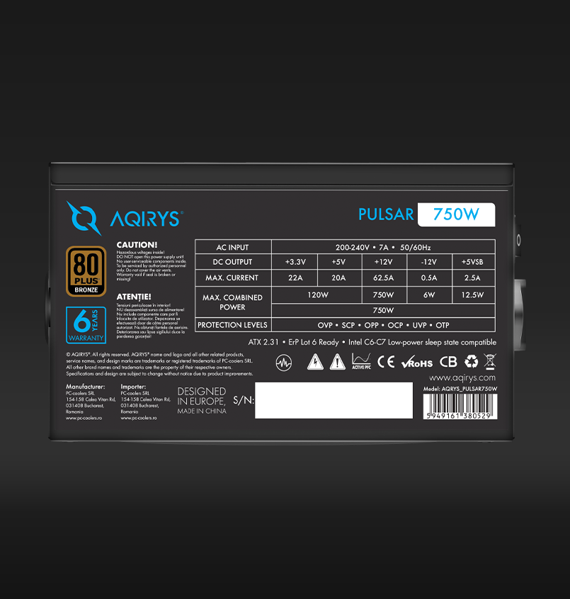 Sursa Aqirys Pulsar 750W 80+ White certified, culoare neagra