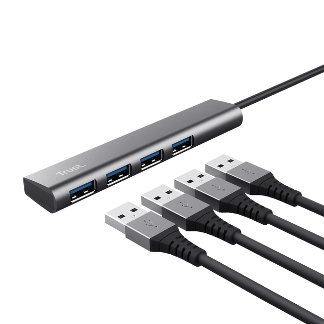 HUB USB Trust Halyx, USB-C la 4 x USB-A 3.2 Gen 1, dimensiune cablu 10cm, din aluminiu, argintiu