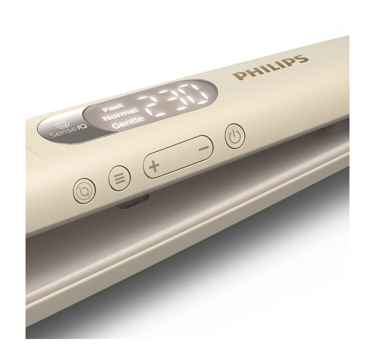 Placa de indreptat parul PHILIPS SenseIQ Seria 8000 BHS838/00, Senzor SenseIQ, 230°C, Ingrijire ioni, 3 moduri, 14 setari temperatura, Varf rece, Husa, Capac de protectie, Champagne, L x A x I (mm) 119x417x145