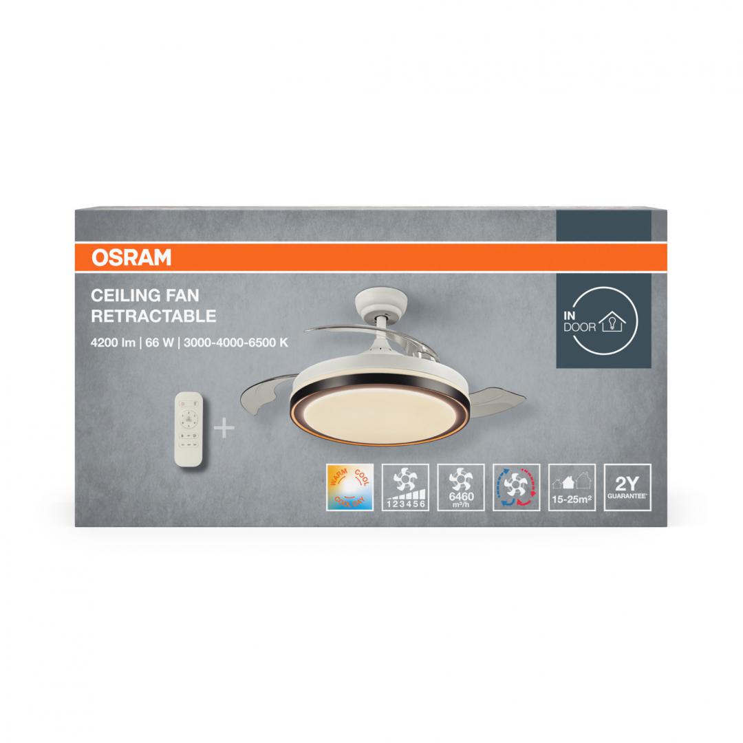 Plafoniera LED cu ventilator Osram Retractable cu Telecomanda, 66W, 4200lm, lumina alba (3000-4000-6500K), IP20, max 6460 m³/h, timer 2h-4h-8h, Alb/Negru