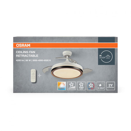 Plafoniera LED cu ventilator Osram Retractable cu Telecomanda, 66W, 4200lm, lumina alba (3000-4000-6500K), IP20, max 6460 m³/h, timer 2h-4h-8h, Alb/Negru