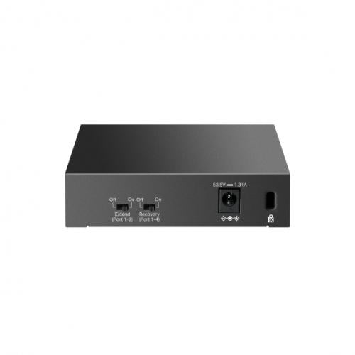 "5-Port Gigabit Desktop Switch with  4-Port PoE+ PORT: 4× Gigabit PoE+ Ports, 1× Gigabit Non-PoE Port SPEC: 802.3af/at, 65 W PoE Power, Desktop Steel Case FEATURE: Extend Mode for 250m PoE Transmitting, PoE Auto Recovery, Plug and Play"