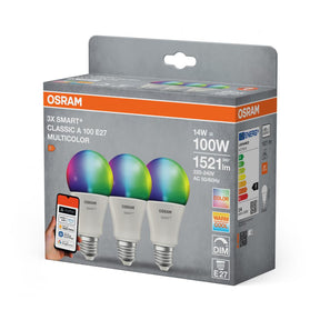 3 Becuri LED RGB inteligente Osram SMART+ Matter over WiFi Classic Multicolour A ,E27, 14W (100W), 1521 lm, lumina alba si color (2700-6500K)