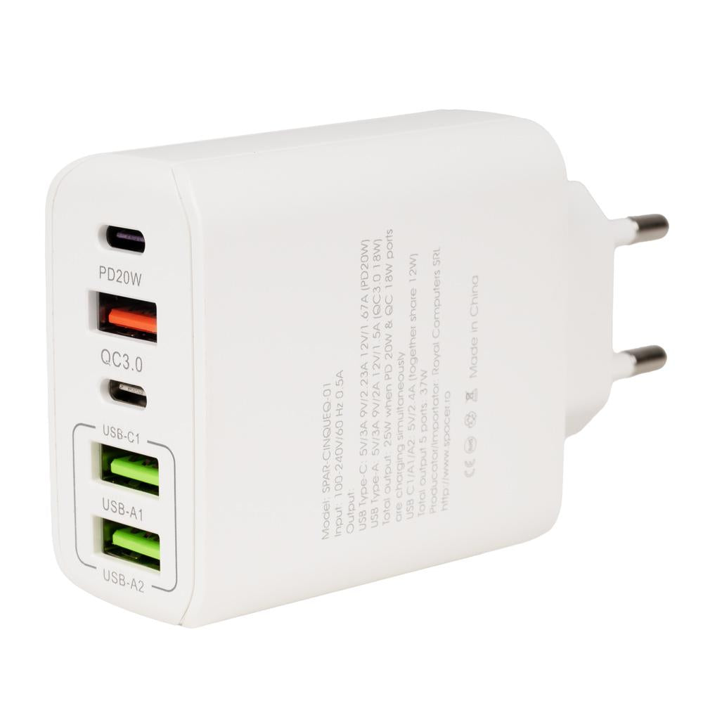 Incarcator retea Spacer QC 38W, 5 x porturi: USB Type-C PD x 1m USB Type-C x 1, USB Quick Charge x 1, USB x 2, alb