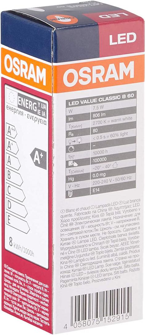 Bec LED Osram Value Classic B, E14, 7W (60W), 806 lm, lumina calda (2700K)