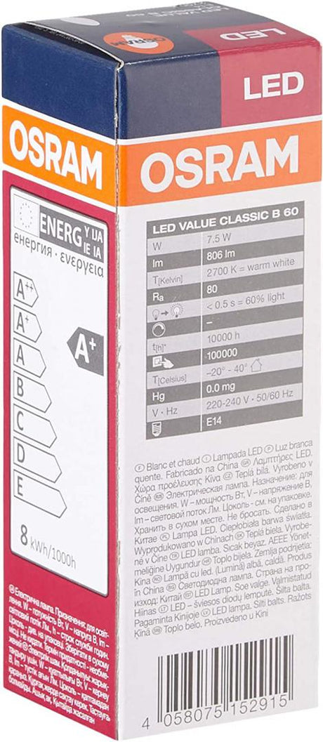 Bec LED Osram Value Classic B, E14, 7W (60W), 806 lm, lumina calda (2700K)