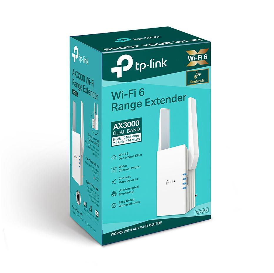 TP-link AX3000 Wi-Fi Mesh Range Extender, RE705X, 1 Port Ethernet Gigabit, 2 Antene externe, Standarde Wireless IEEE 802.11a/n/ac/ax 5GHz, IEEE 802.11b/g/n/ax 2.4GHz, frecventa 2.4, 5 Ghz, 574 Mbps at 2.4GHz, 2402 Mbps at 5GHz.