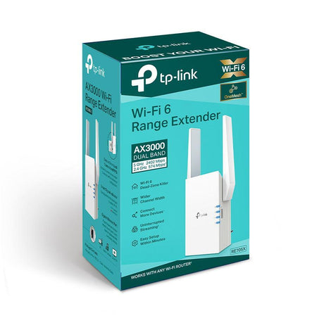TP-link AX3000 Wi-Fi Mesh Range Extender, RE705X, 1 Port Ethernet Gigabit, 2 Antene externe, Standarde Wireless IEEE 802.11a/n/ac/ax 5GHz, IEEE 802.11b/g/n/ax 2.4GHz, frecventa 2.4, 5 Ghz, 574 Mbps at 2.4GHz, 2402 Mbps at 5GHz.