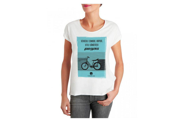 Tricou Pegas femei, model vehicule comode, rapide, utile sanatatii, marime L, culoare verde