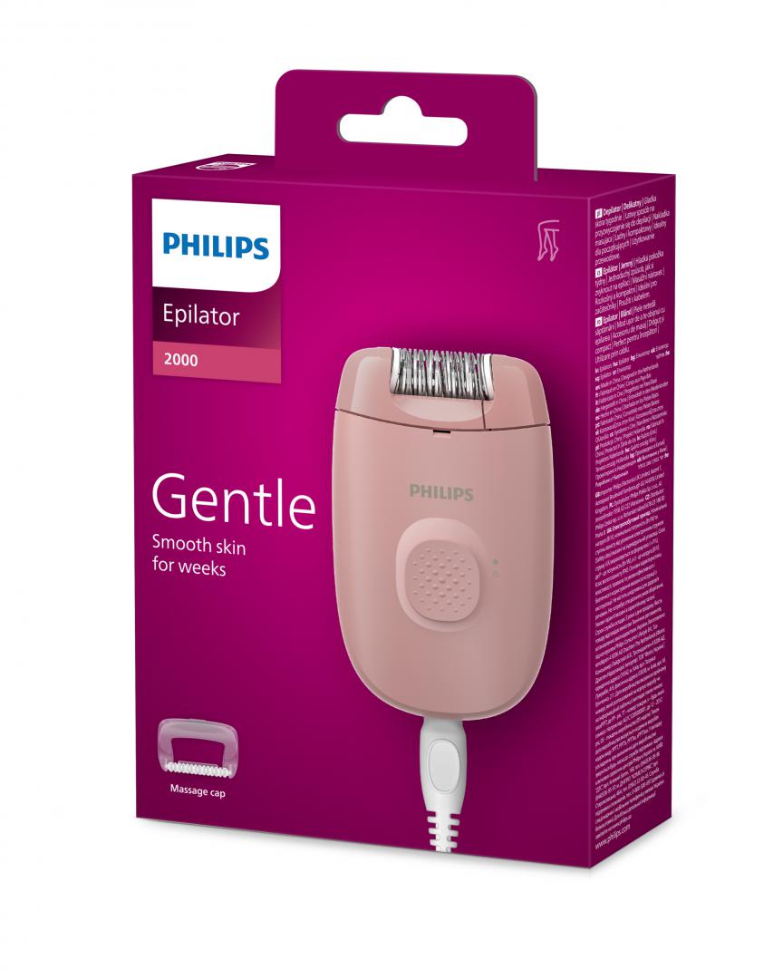 Epilator cu fir PHILIPS Seria 2000 BRE227/00, 1 viteza, 2 accesorii, Retea, Corai, L x A x I (mm) 110x40x145