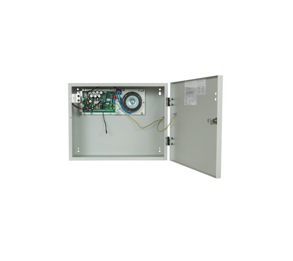 Sursa de alimentare pentru sisteme de detectie incendiu 24V/2A in cutie  metalica, loc pentru 2 acumulatori 12V/18A. Sursele sunt certificate EN 54-4, Vds; EN 12101-10;