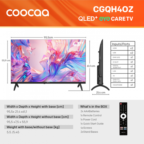 Televizor Coocaa QLED 43CGQH40Z, 108 cm, FHD, Smart TV