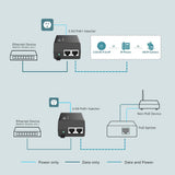 "2.5G PoE+ Injector Adapter PORT: 1× 2.5G PoE Port, 1× 2.5G Non-PoE Port SPEC: 802.3at/af Compliant, Data and Power Carried over The Same Cable Up to 100 Meters, Plastic Case, Pocket Size"