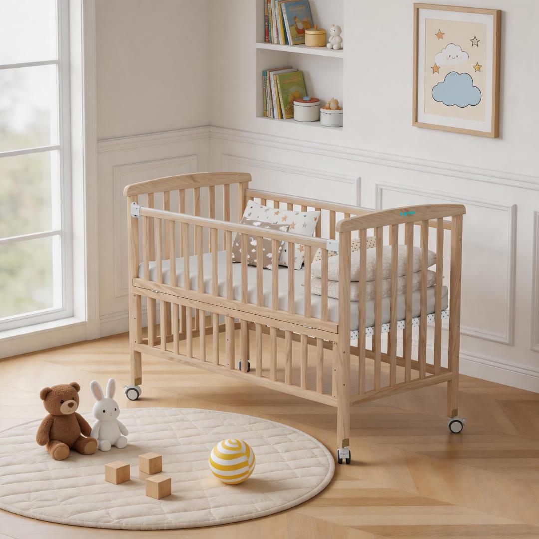 Patut din lemn bebe, +0 luni, 120x60 cm,  culoare natur,laterala rabatabila, reglabil pe 3 nivele de inaltime, U-Grow
