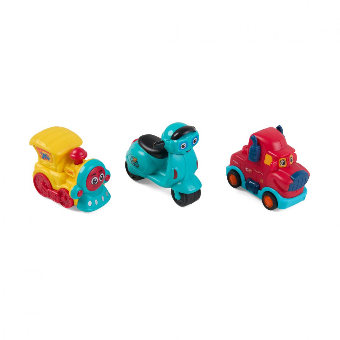 SET 3 VEHICULE ACTIONATE PRIN INERTIE- MASINUTA ROSIE, TREN GALBEN, SCUTER ALBASTRU,MOMKI