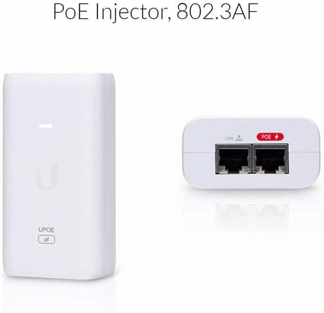 Ubiquiti POE External Injector, U-POE-AF, Output Voltage 48VDC @ 0.32A, Rated Voltage: 100-240VAC @ 50/60Hz, Efficiency 84.25%, Delivers up to 50W of PoE.